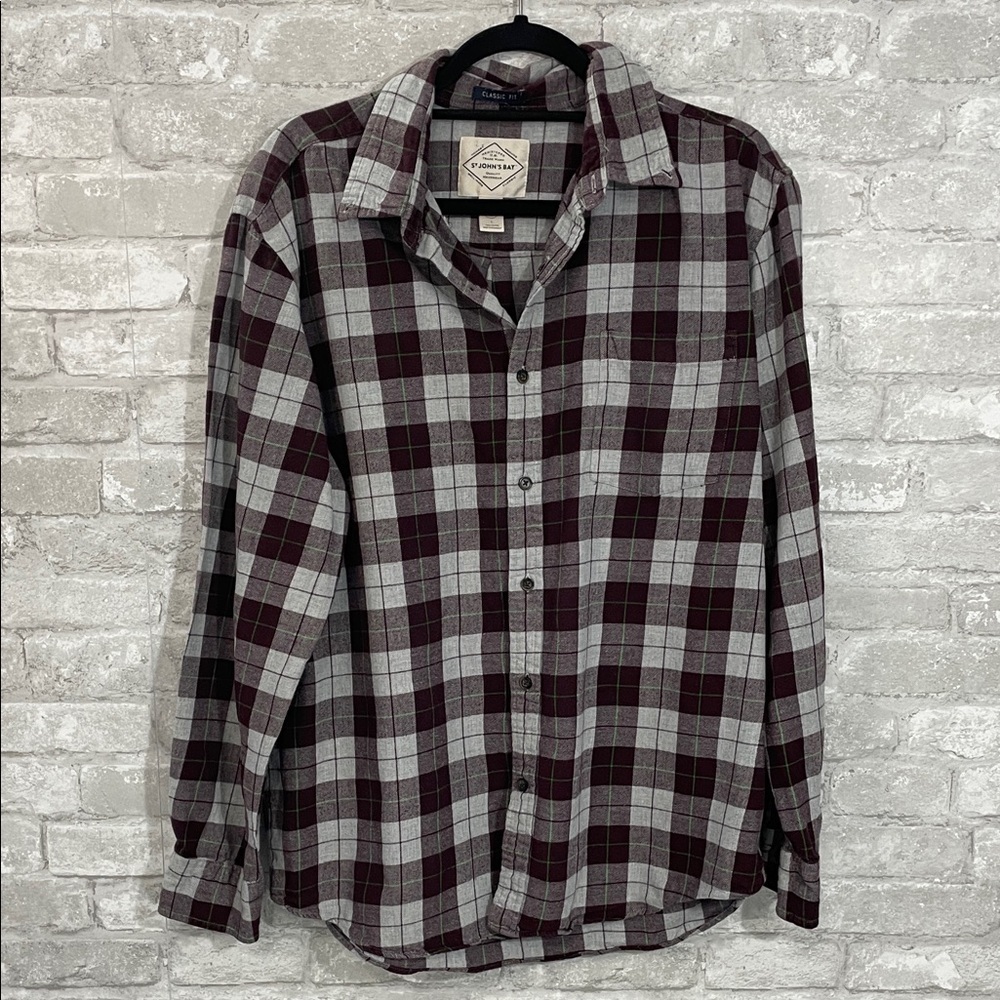 St. John's Bay Flannel Maroon and Gray Plaid Shirt